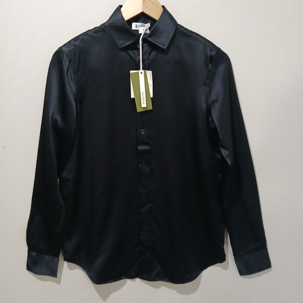 Lilysilk Shirt Womens 2 Black Mulberry Silk Tailored Button Front Blouse NWT - Picture 3 of 16